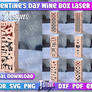 Valentine&#39;s Day Wine Box Laser Cut SVG Bundle | Wine Laser SVG Design | Valentines Wine Box Design | Be My Valentine Wine Box | CNC Files