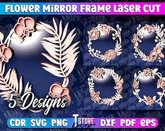 Flower Mirror Frame Laser Cut SVG Bundle | Mirror Frame Design | Floral Mirror Design