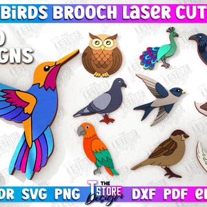 Op de afbeelding: Tien digitale ontwerpen voor lasergesneden vogelbroches. De ontwerpen omvatten een kolibrie, een uil, een pauw, een duif, een zwaluw, een eend, een mus, een zwaan en twee papegaaien.