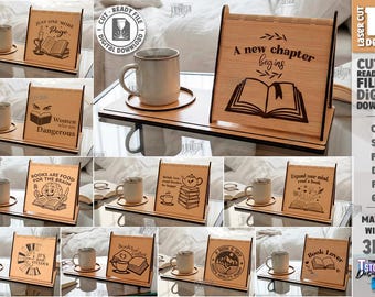 3D wooden book stand laser cut bundle, book and coffee serving tray svg, book storage, wooden book valet, book holder, book caddy, coaster