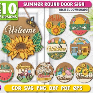Summer Round Door Sign Laser Cut Bundle, Hello Summer Welcome Sign, Layered Signs, Housewarming Gift, Front Door Welcome Sign, Door Hanger