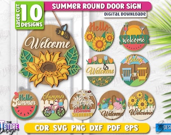 Summer Round Door Sign Laser Cut Bundle, Hello Summer Welcome Sign, Layered Signs, Housewarming Gift, Front Door Welcome Sign, Door Hanger
