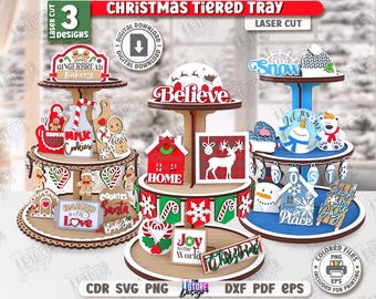 3D Weihnachtstabletts Laser Cut Bundle, Weihnachtszitate Tiered Tablett svg, Frohe Weihnachten Schilder Design, Holztablett Set, Wohndekor