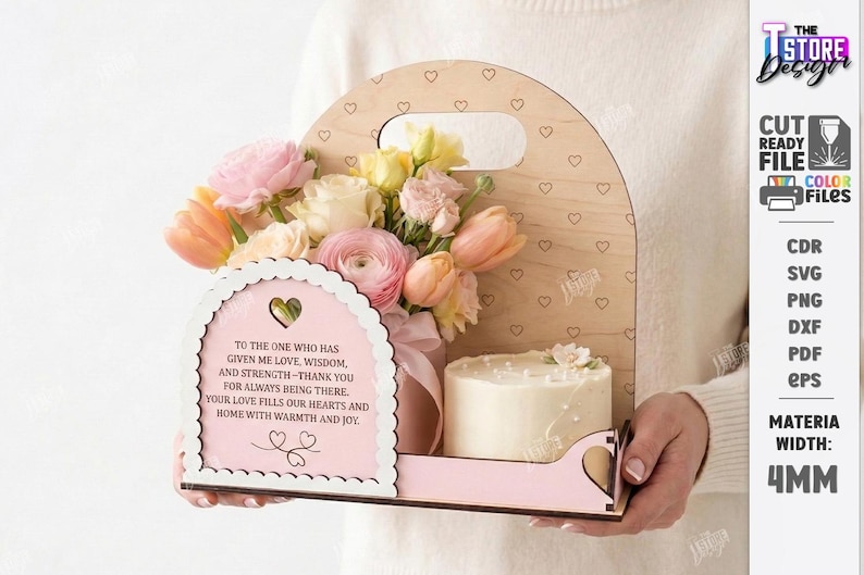 May include: A wooden gift box with a handle, filled with a bouquet of pink, peach, and yellow flowers, and a small white cake. The box has a pink decorative front with a heart-shaped cutout and text. The material width is 4mm.