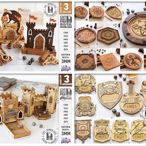 K&ouml;nnte beinhalten: Holzdesigns, lasergeschnitten, mit Burgen, Katapulten, W&uuml;rfelschalen und dekorativen Schilden. Die Burgen haben Fahnen und T&uuml;rme, und die Schilde und Schalen weisen eingravierte Designs auf. Die Materialbreite betr&auml;gt 3 mm. Kompatibel mit jeder Materialst&auml;rke.