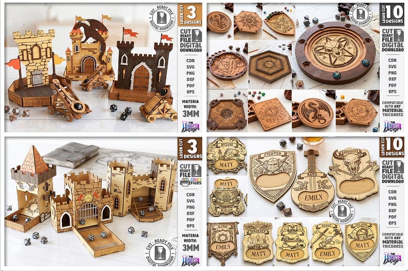 K&ouml;nnte beinhalten: Holzdesigns, lasergeschnitten, mit Burgen, Katapulten, W&uuml;rfelschalen und dekorativen Schilden. Die Burgen haben Fahnen und T&uuml;rme, und die Schilde und Schalen weisen eingravierte Designs auf. Die Materialbreite betr&auml;gt 3 mm. Kompatibel mit jeder Materialst&auml;rke.