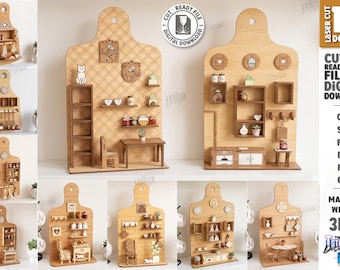 Miniaturküche Regal Laser Cut Datei - Schneidebrett Puppenhaus Küche - Mini Küche Display - Bauernhaus Miniatur Dekor svg