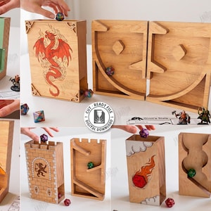 May include: A collection of five wooden dice towers with various designs. One tower features a sun, another a dragon, and others have castle and flame motifs. The towers are designed for tabletop gaming.
