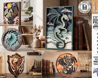 Drachen-Wandbild (SVG) – Lasergeschnittenes, dreidimensionales Fantasy-Dekor – Drachen-Schattenbox – Mittelalterliche Fabelwesen-Kunst (SVG)