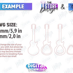 May include: A digital download of four guitar SVG cut files. The average size of the guitar SVGs is 5.9 inches by 2.0 inches. The text "AVG SIZE: 150 mm/5,9 in 50 mm/2,0 in" is displayed on the image. The text "You can change the size of your designs as you wish, but please be careful when doing so, as some elements may become thinner and more prone to breaking if you make them too small." is also displayed on the image.
