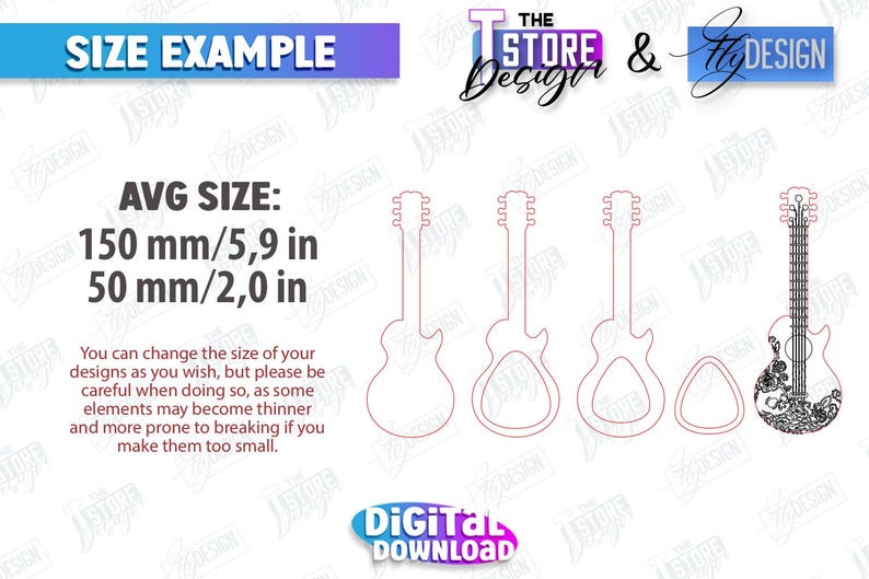 May include: A digital download of four guitar SVG cut files. The average size of the guitar SVGs is 5.9 inches by 2.0 inches. The text "AVG SIZE: 150 mm/5,9 in 50 mm/2,0 in" is displayed on the image. The text "You can change the size of your designs as you wish, but please be careful when doing so, as some elements may become thinner and more prone to breaking if you make them too small." is also displayed on the image.