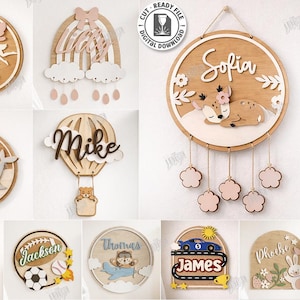 Puede incluir: Una colección de letreros de nombres de madera cortados con láser con varios diseños. Los letreros presentan nombres como Emily, Sofia y James, junto con elementos decorativos como un hada, una ballena, un ciervo y un coche de carreras. Los letreros están diseñados para corte por láser.