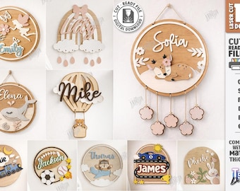 3d Name sign kids room door laser cut bundle, nursery name sign, baby name signs with birth stats, baby wall hanger, metric birth signs svg