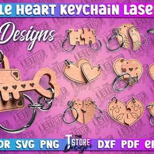 Paar Herz Schlüsselanhänger Laser Bundle | Herz Design Laser Cut | Holz Paar Schlüsselbund | CNC-Dateien