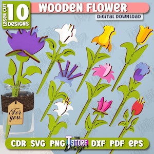 3D Wooden Flowers Laser Cut Bundle, Flower Bouquet for Mom SVG, Botanical Laser Cut, Eternal Flowers SVG, Wooden Bouquet, Wildflowers SVG