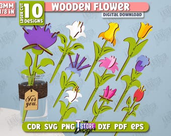 3D Wooden Flowers Laser Cut Bundle, Flower Bouquet for Mom SVG, Botanical Laser Cut, Eternal Flowers SVG, Wooden Bouquet, Wildflowers SVG