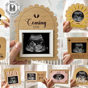 Könnte beinhalten: Eine Sammlung von lasergeschnittenen Holzdesigns mit Ultraschallbildern. Designs umfassen Wolken-, Sonnen- und Rahmenformen mit Sätzen wie "Coming Soon" und "Tiny Miracle". Digitale Dateiformate sind ebenfalls enthalten.