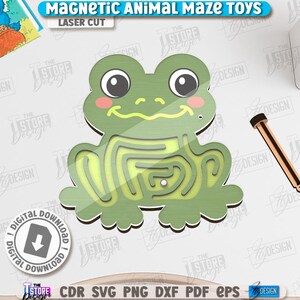 May include: A green frog-shaped magnetic maze toy with a yellow maze path. The toy has a wooden wand for moving a magnetic ball through the maze. The text "MAGNETIC ANIMAL MAZE TOYS" and "LASER CUT" are visible.