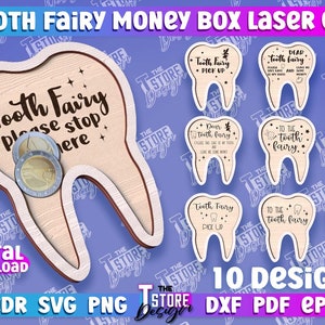 May include: Ten digital designs for laser cutting tooth fairy money boxes. The designs feature a tooth shape with various sayings, including "Tooth Fairy Pick Up", "Dear Tooth Fairy", and "To the Tooth Fairy".