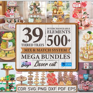 May include: A collection of decorative tiered trays with themes like coffee, love, and seasonal decorations. The image includes the text "39 Tiered Trays, 500+ Interchangeable Elements, Mix & Match System, Mega Bundles, Laser Cut".