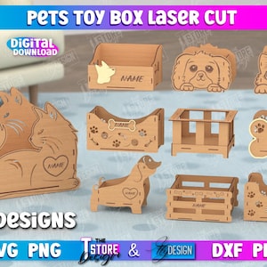 May include: Ten laser cut designs for pet toy boxes, made of 3mm (1/8 inch) wood. The designs include a dog bed, a cat bed, a bone-shaped box, a crate, and a cat and dog cuddling together. The designs are all in a light brown color and have the word "NAME" written on them.