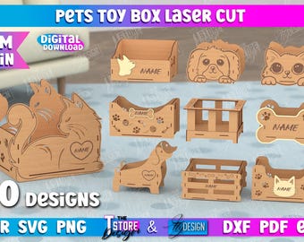 Pets toy box lasercut bundle, wooden dog toy box, 3d storage box lasercut, pet toy storage, cat toy box, dog toys bin, personalized pets box