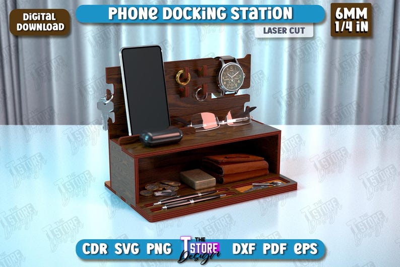 Op de afbeelding: Een houten telefoon laadstation met een compartiment voor opslag. Het station heeft een telefoonhouder, een horlogehouder, een brillenhouder en een ruimte voor sleutels. Het station is gemaakt van 6 mm (1/4 inch) dik hout en is lasergesneden.