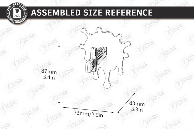 Puede incluir: Un gr&aacute;fico de referencia de tama&ntilde;o ensamblado con dimensiones. El gr&aacute;fico muestra un objeto 3D con medidas: 87 mm de alto, 73 mm de ancho y 83 mm de profundidad. El texto "ASSEMBLED SIZE REFERENCE" est&aacute; en la parte superior.