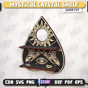 May include: A black and gold laser-cut Mystical Crystal Shelf with two shelves. The shelf is shaped like a planchette with a sun design and an eye symbol. The shelf is 1/4 inch thick.