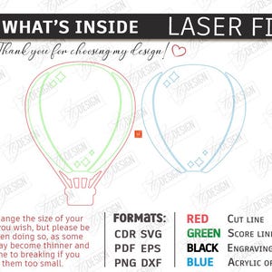 May include: Digital laser file design featuring two hot air balloon outlines. The design includes text that says "WHAT'S INSIDE LASER FILE" and "Thank you for choosing my design!" with color-coded instructions for cutting, scoring, engraving, and acrylic or glass.