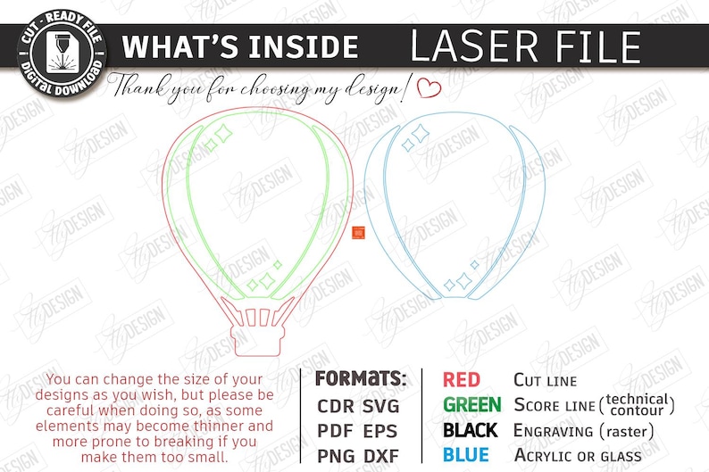 May include: Digital laser file design featuring two hot air balloon outlines. The design includes text that says "WHAT'S INSIDE LASER FILE" and "Thank you for choosing my design!" with color-coded instructions for cutting, scoring, engraving, and acrylic or glass.
