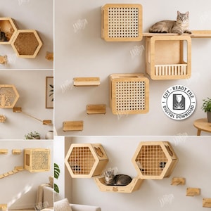 May include: A collection of laser-cut wooden cat wall furniture designs including hexagonal shelves, square boxes with cane webbing, wall-mounted steps, and bridges. The digital files are compatible with 6mm material thickness for laser cutting.