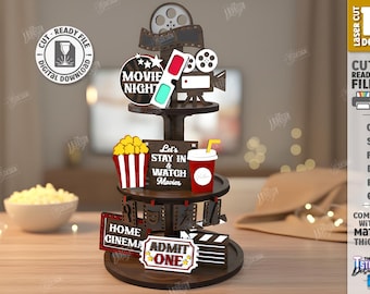 3d home cinema tiered tray signs laser cut, home theater signs svg, cinema tray decor, movie theater decoration, family movie signs svg