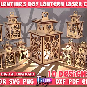 Valentine&#39;s Day Lantern Laser Cut Bundle, Tealight Stand, 3D Lantern Laser Cut, Heart Love Lantern Tealight Stand Svg, 3D Shadow Lantern SVG