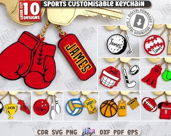Conjunto de chaveiros esportivos personalizados com corte a laser, chaveiro esportivo personalizado com nome, beisebol, futebol americano, monograma esportivo, chaveiros infantis gravados.