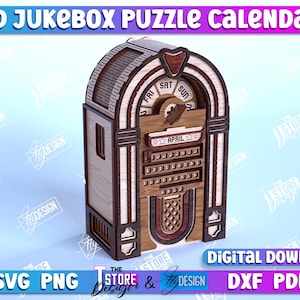Könnte beinhalten: Ein 3D-Holzpüzzle-Kalender in Form eines Vintage-Jukebox. Der Kalender verfügt über ein Zifferblatt mit den Wochentagen, ein Fenster für den Monat und ein Raster mit nummerierten Quadraten für die Tage des Monats. Die Jukebox ist in Braun- und Rottönen lackiert.