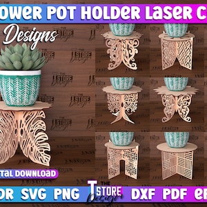 Puede incluir: Diez diseños diferentes para portamacetas de corte por láser. Los diseños incluyen una mariposa, un árbol, un patrón geométrico y un patrón de hojas. Los portamacetas están hechos de madera y tienen un grosor de 3 mm. Los diseños están disponibles en los formatos CDR, SVG, PNG, DXF, PDF y EPS.