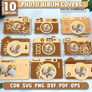 Puede incluir: Diez portadas de álbumes de fotos cortadas con láser con diseño de cámara. Cada portada presenta una foto familiar dentro de un marco circular. Los diseños incluyen patrones florales y geométricos. El texto "PHOTO ALBUM COVERS" es visible.