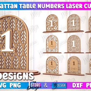 May include: Ten laser cut table number designs in various geometric and floral patterns. The designs are made of wood and are 3mm (1/8 inch) thick. The designs are perfect for weddings, parties, or any other event where you need to number tables.