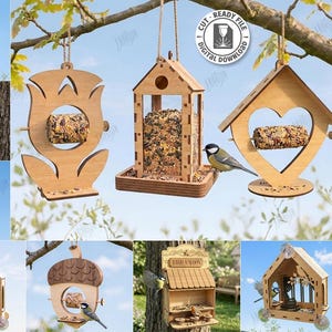 May include: A collection of ten laser-cut wooden bird feeder designs, including shapes like a tulip, a heart, and a house. The digital files are compatible with various formats. The material width is 6mm. These feeders hold birdseed and suet.
