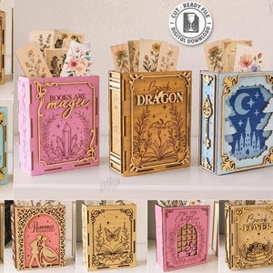 May include: A collection of ten rectangular wooden book-shaped storage boxes featuring laser-cut designs, floral motifs, and text such as Lost in Books, Books Are Magic, Book Dragon, and Book Lover, with a material width of 3mm for digital cutting.