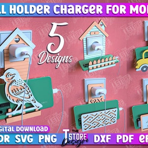 Puede incluir: Cinco diseños diferentes para un cargador de teléfono de pared. Los diseños incluyen una casa de pájaros, una casa con una valla, un autobús escolar, un patrón geométrico y un icono de batería. Los diseños son todos de madera y tienen 3 mm de grosor.