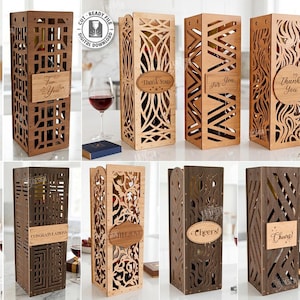 Boîte pour bouteille de vin en bois 3D - Idée cadeau découpée au laser - Boîte cadeau en bois - Coffret cadeau vin - Porte-bouteille décoratif - Fichiers CNC de mariage