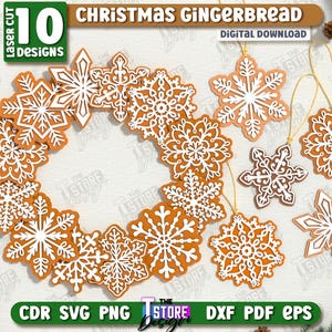Könnte beinhalten: Eine Sammlung von lasergeschnittenen Weihnachts-Lebkuchen-Designs. Das Bild zeigt einen Kranz und Schneeflocken-Ornamente in Braun- und Weißtönen. Text enthält "Christmas Gingerbread" und "Digital Download".