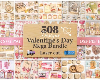 Könnte beinhalten: Eine Sammlung lasergeschnittener Valentinstagsdesigns, darunter Holzkisten, Ornamente und Ohrringe. Das Bild zeigt ein zentrales Holzschild mit dem Text "508 Designs Valentine's Day Mega Bundle Laser cut". Verschiedene Formate sind verfügbar.