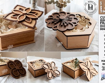 Conjunto de caixas de presente de madeira 3D cortadas a laser, caixa de presente personalizada, cesto de armazenamento de madeira em SVG, suporte para flores em SVG, aniversário, Dia das Mães, casamento