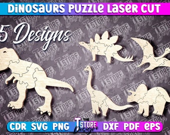 Dinosaur Puzzle Laser Cut Bundle | Wooden Dino SVG Puzzle | Puzzle Game | Kids Game Laser Design