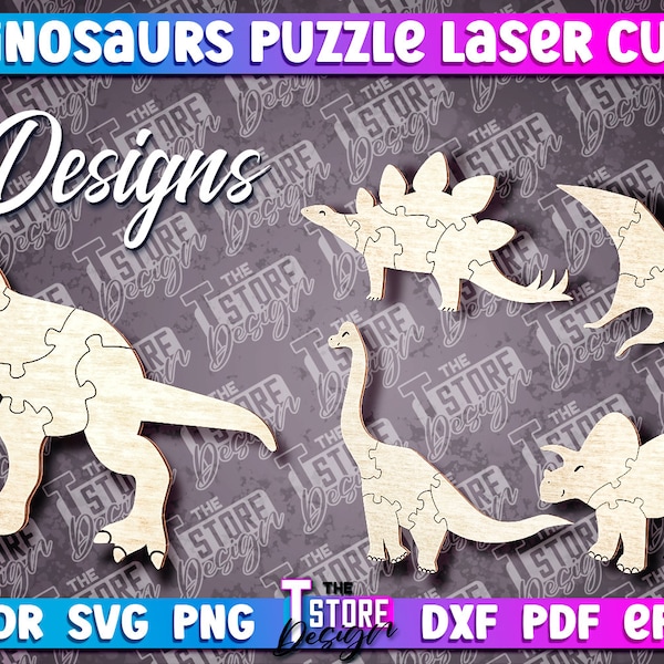 Dinosaur Puzzle Laser Cut Bundle | Wooden Dino SVG Puzzle | Puzzle Game | Kids Game Laser Design