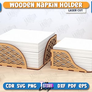May include: Wooden napkin holder with a laser cut design. The holder is made of 3mm (1/8 inch) thick wood and has a wavy pattern. The holder is shown with a stack of white napkins.