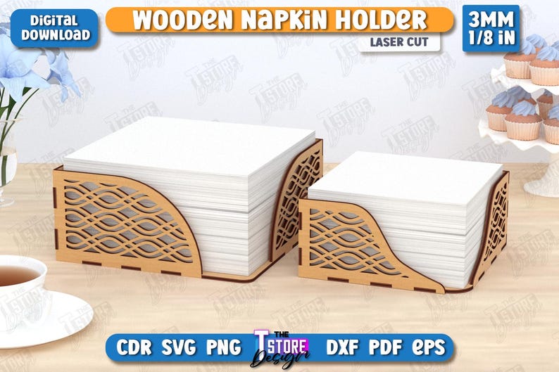 May include: Wooden napkin holder with a laser cut design. The holder is made of 3mm (1/8 inch) thick wood and has a wavy pattern. The holder is shown with a stack of white napkins.